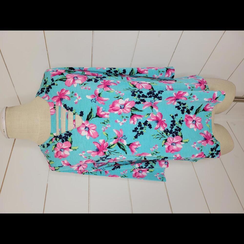Sew In Love Aqua Floral Strappy V-Neck Women's Top